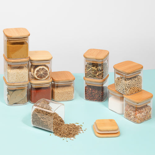 Spice Jar Set, Glass Spice Jars, Bamboo Lid Jars, Spice Organizer